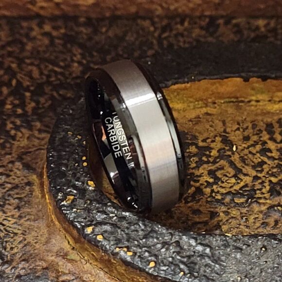 Men's Real Black and silver Tungsten Wedding Ring Black Inner Band Silver Outer - Picture 3 of 6